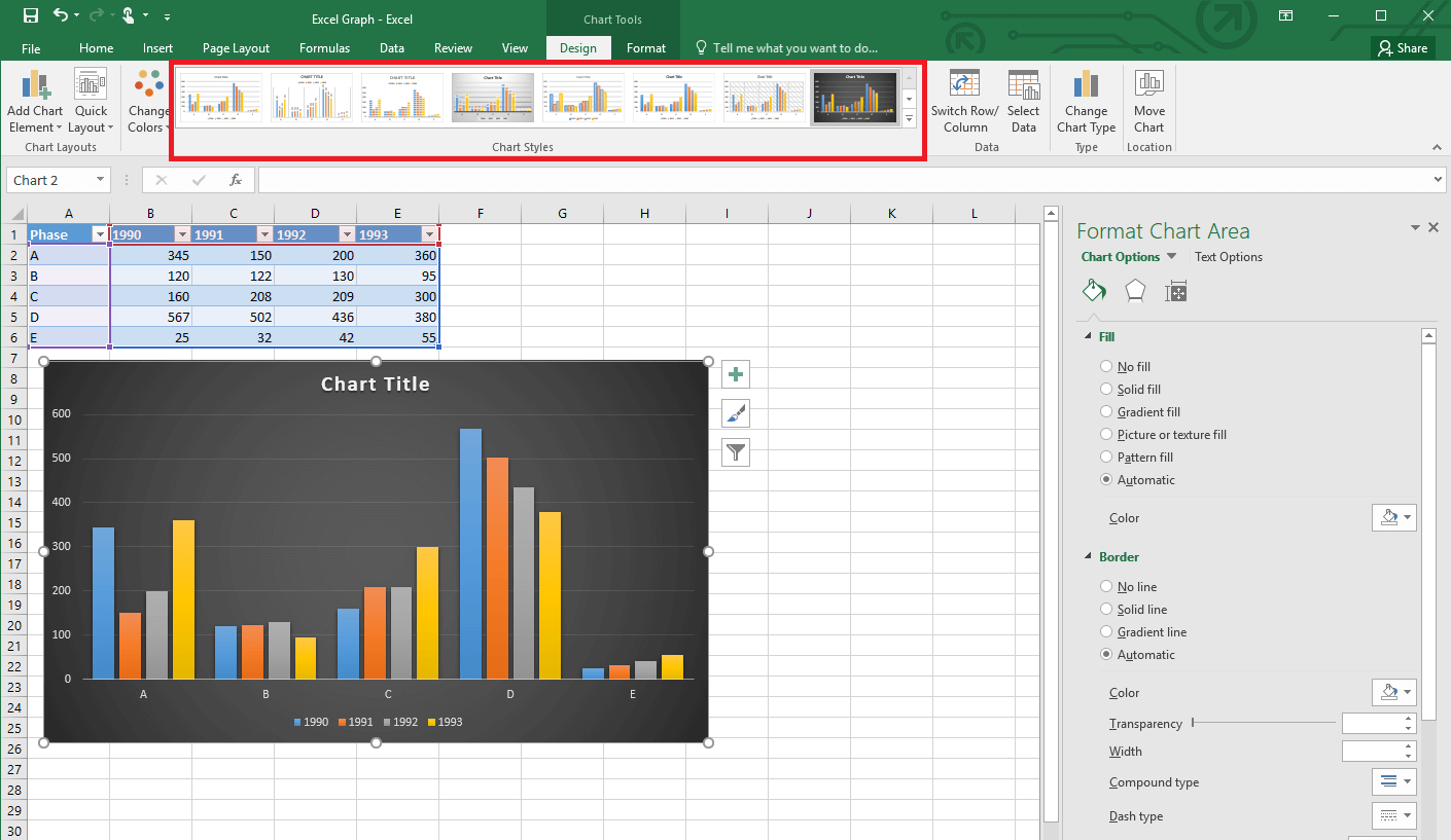 Different predefined layouts for graphs in Excel