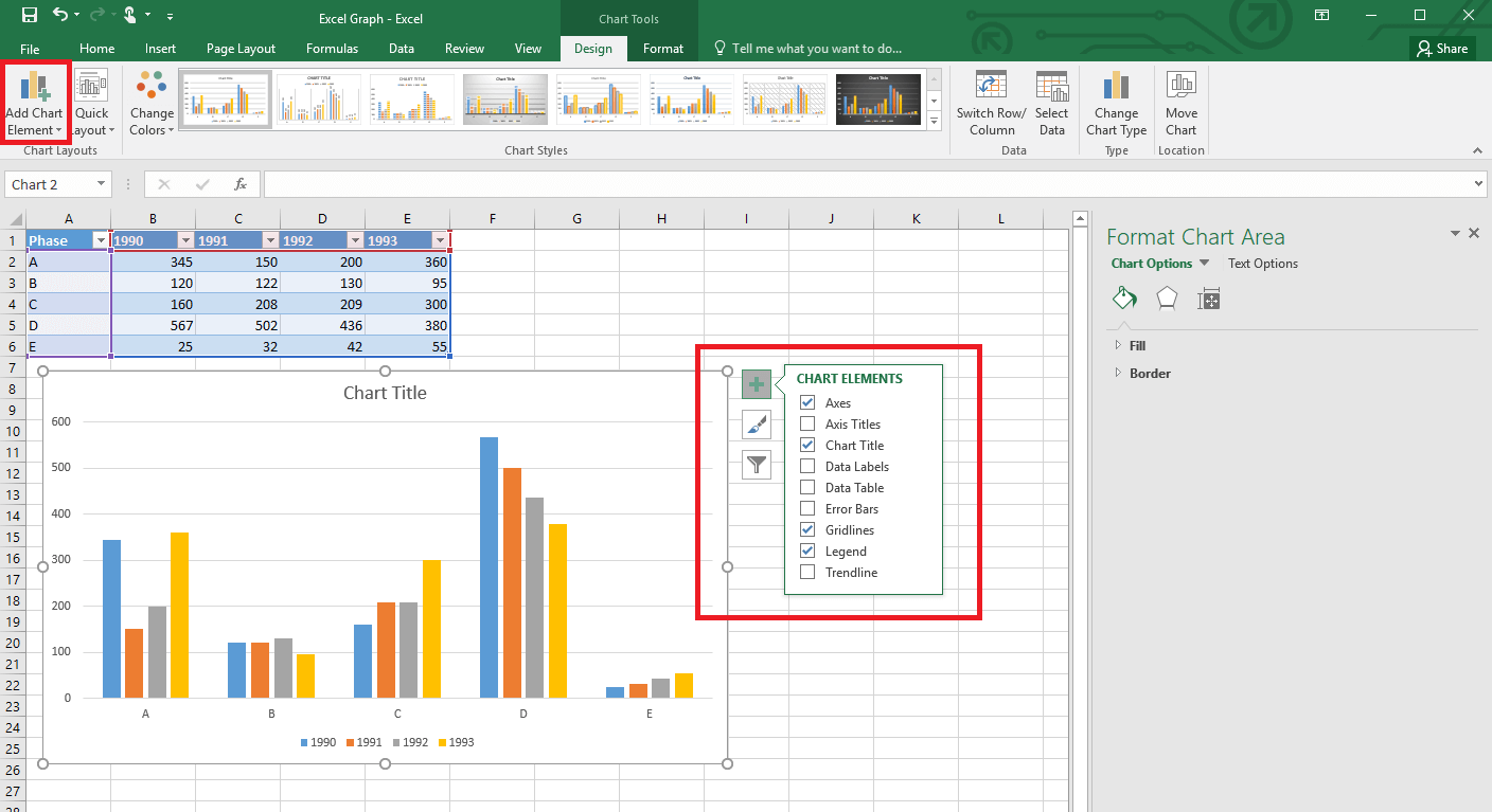 Drop-down menu for adding elements to graphs in Excel