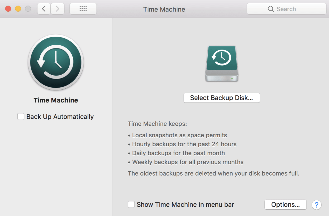Time Machine: “Select Backup Disk” button 