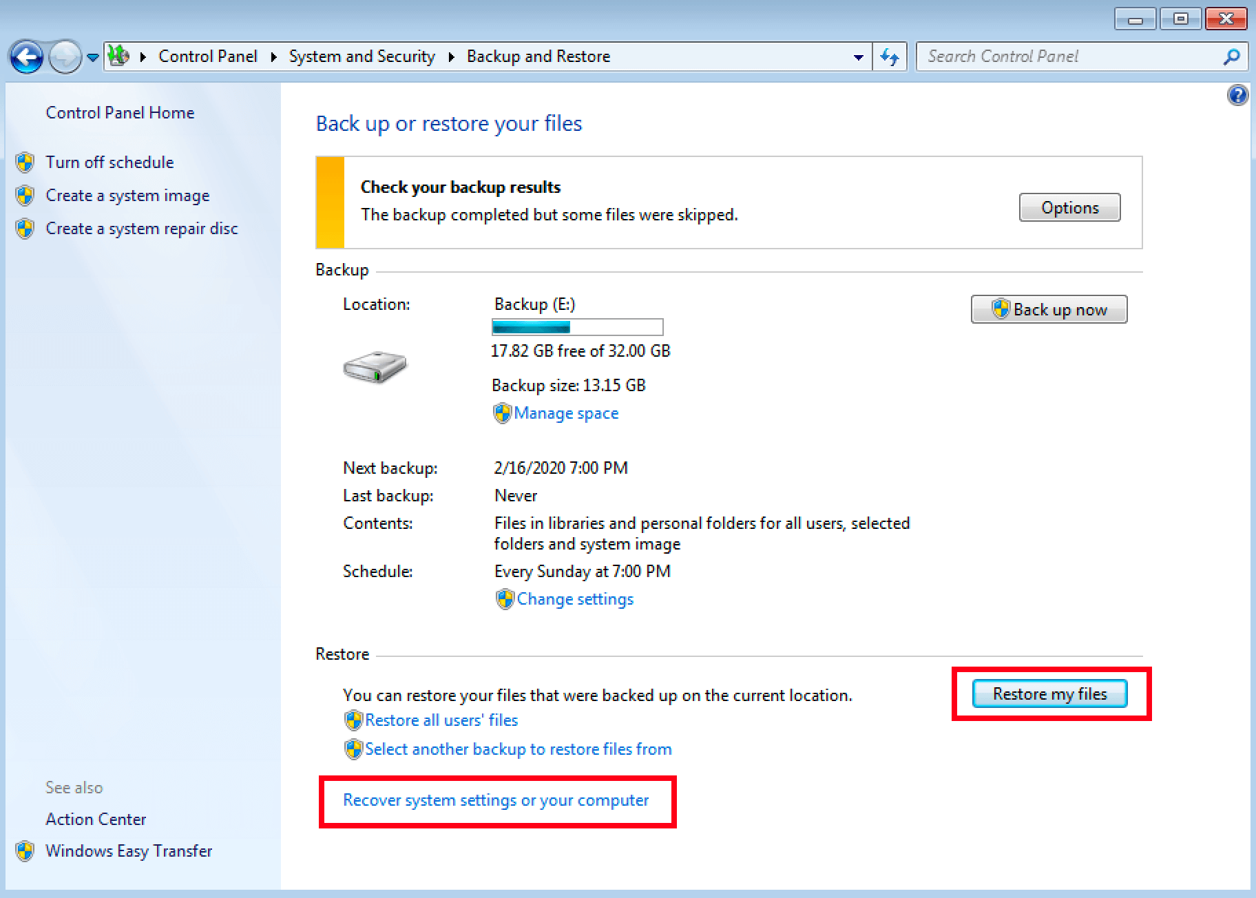 Recovery options in Windows 7