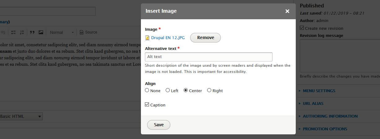 Drupal menu for inserting an image