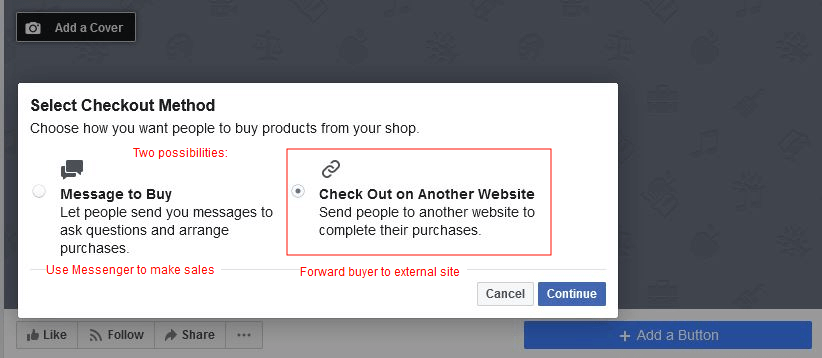 Set up Facebook store: Menu to select the type of purchase