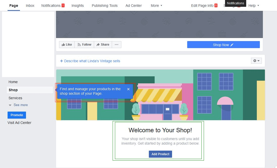 Facebook menu for adding products to the store
