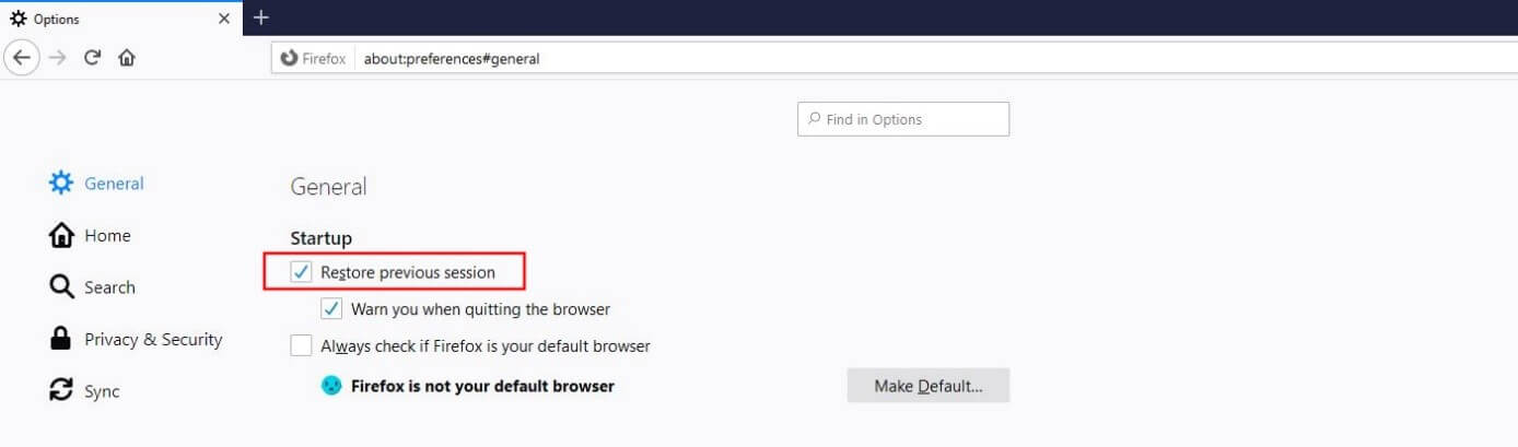 Firefox: Restoring the previous session at startup