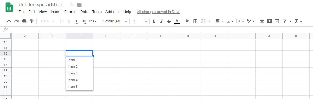 Items in the Google Sheets drop-down list