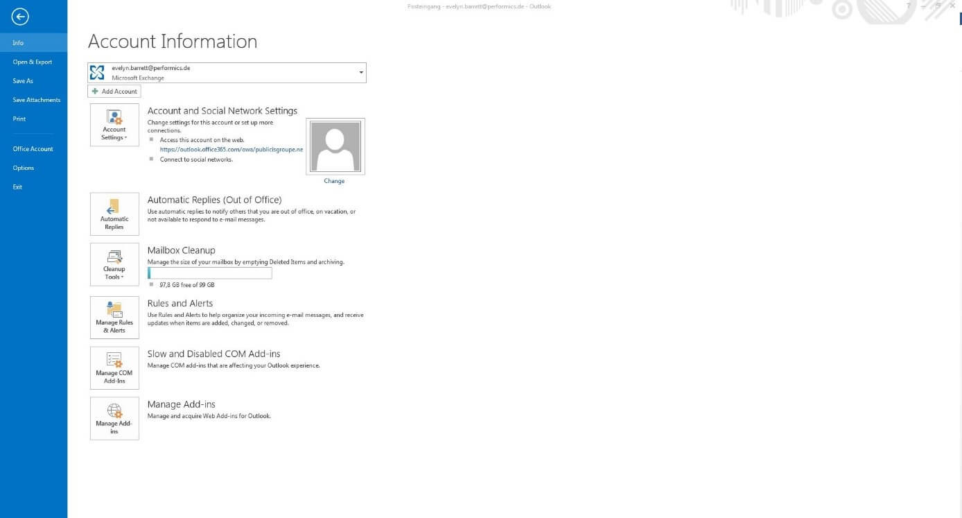 Account information menu in Outlook 2013