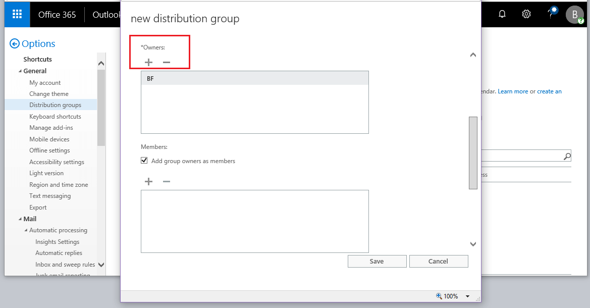 Outlook Web App: configuration screen for a new distribution group