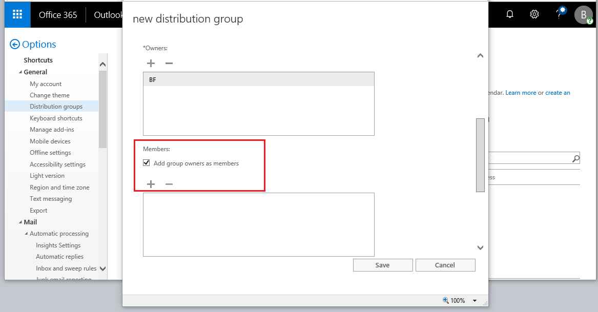 Outlook Web App: configuration screen for a new distribution group