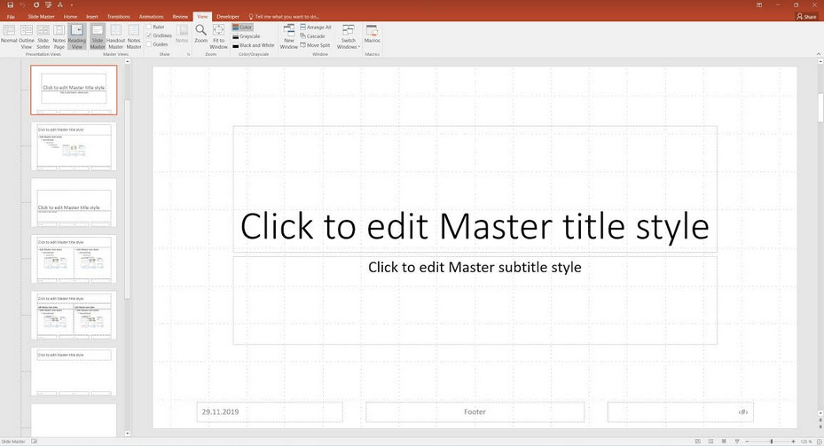 Slide Master view in PowerPoint 2019