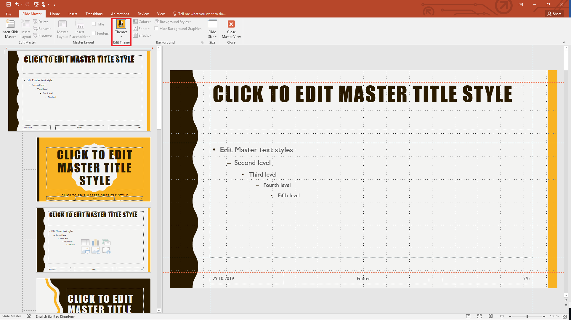 Applying a pre-defined theme to a slide master in PowerPoint 2019