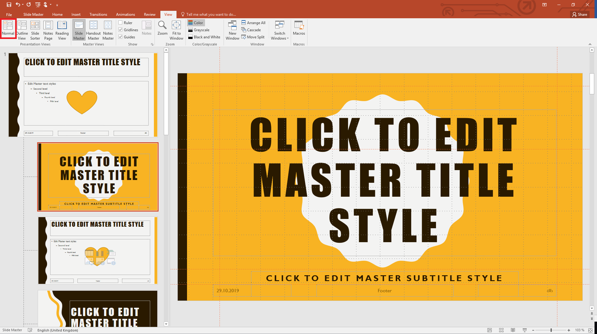 Switching from Slide Master view to Normal view in PowerPoint 2019