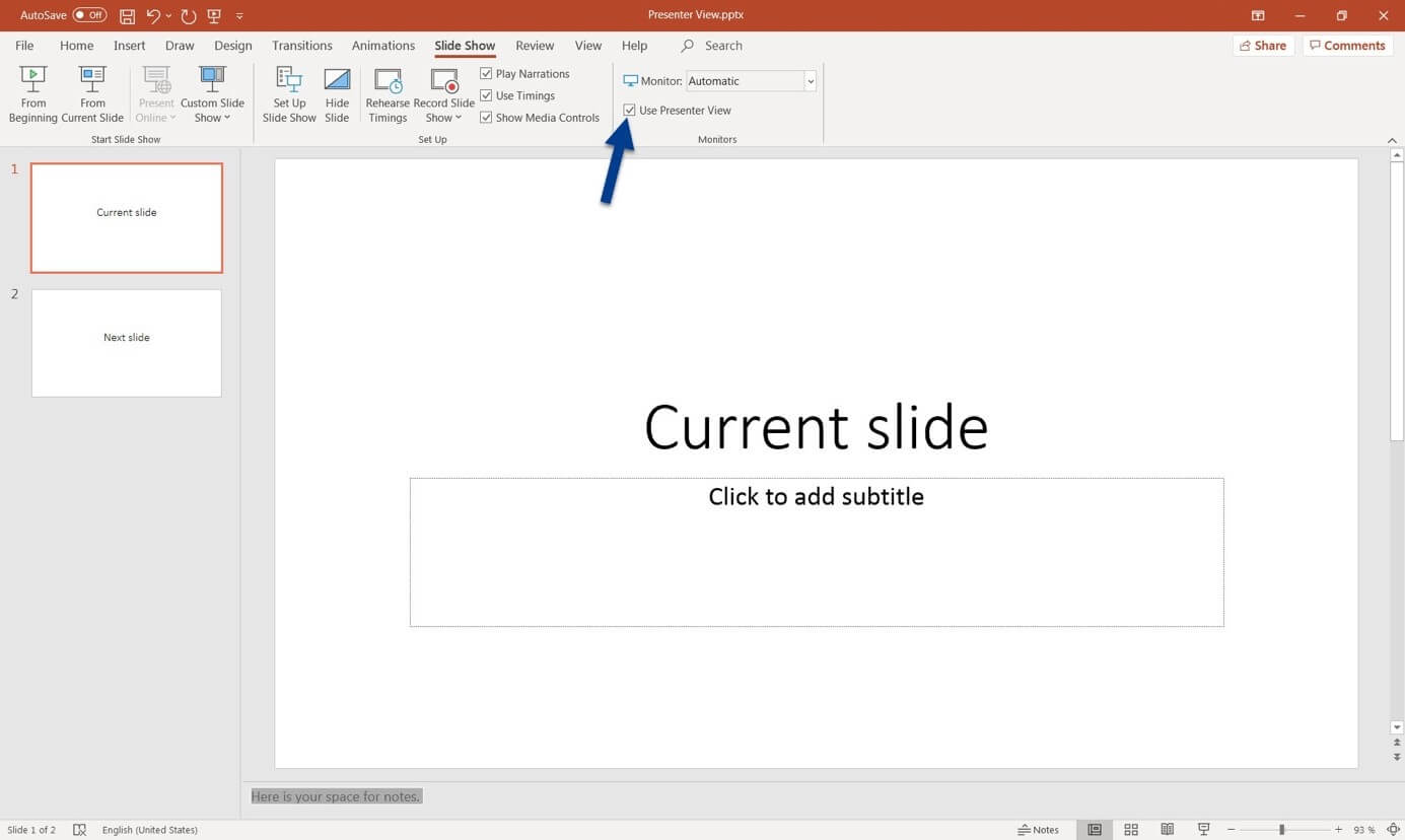 Options for PowerPoint Presenter view