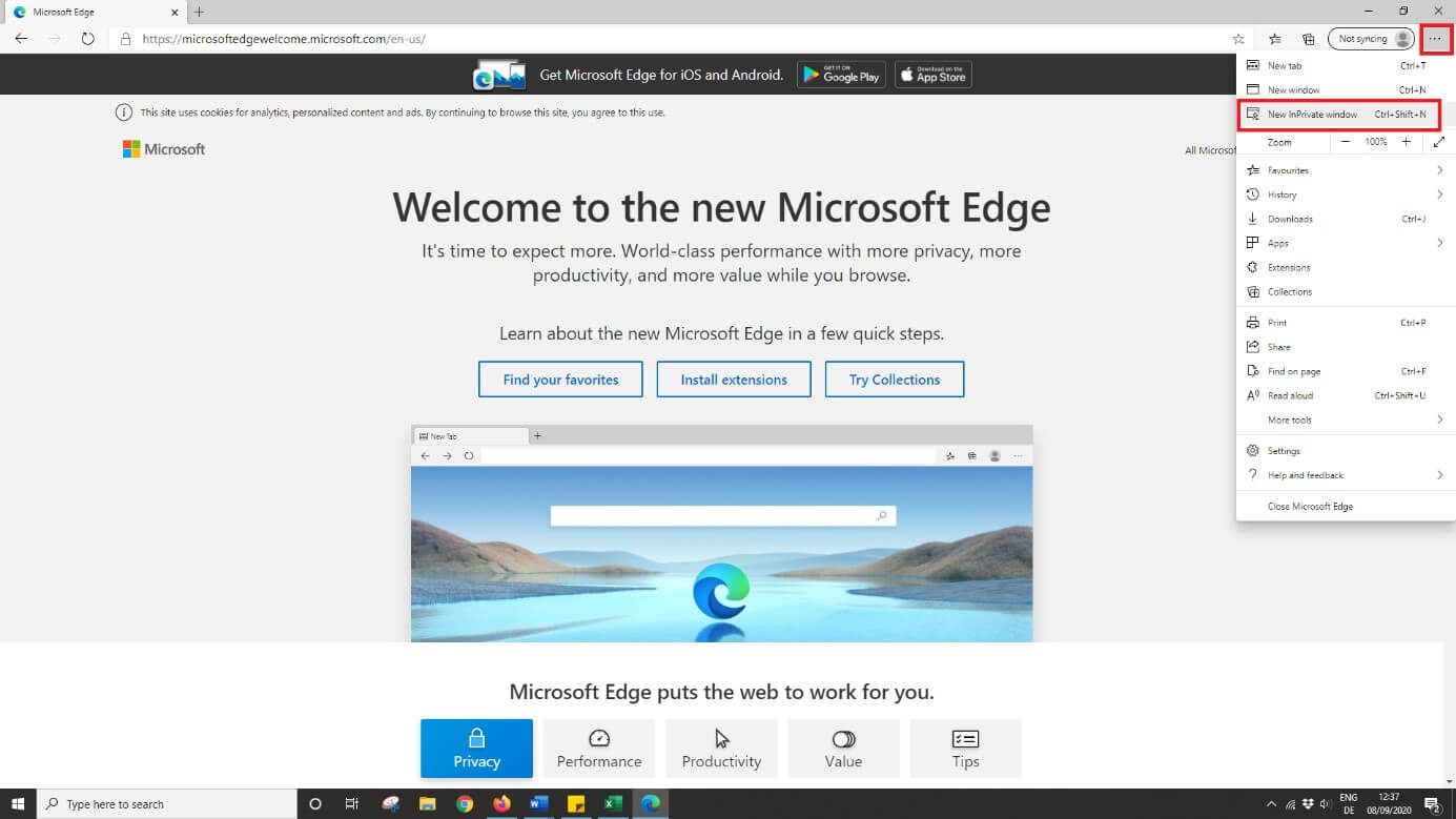 New InPrivate window in Microsoft Edge