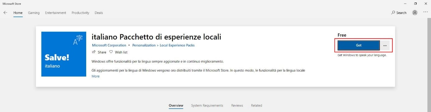 Microsoft Store: Downloading the Local Experience Pack “Italian”