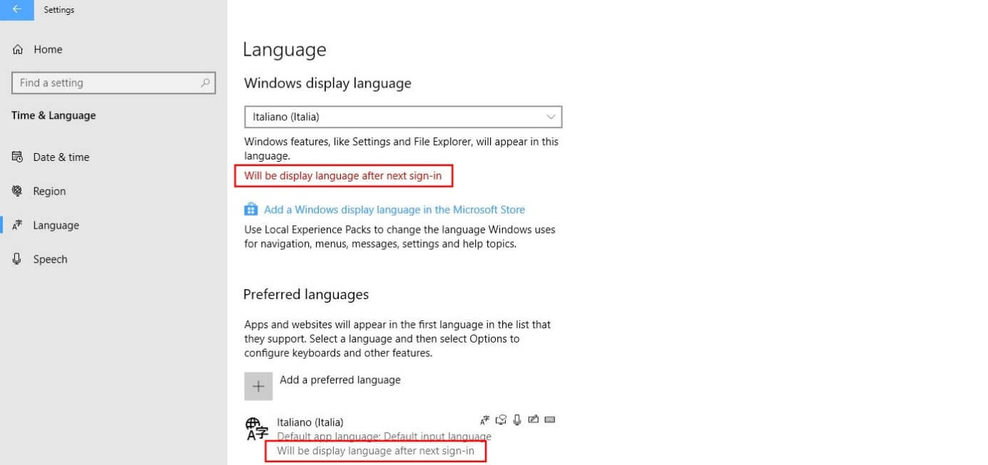 Windows 10 Menu “Language”: Instruction to sign in again