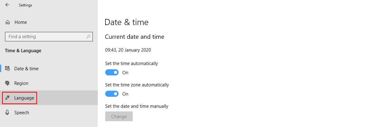 “Time & Language” menu in Windows 10