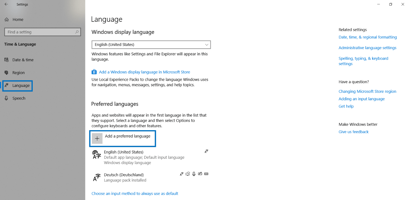 Windows settings for language options