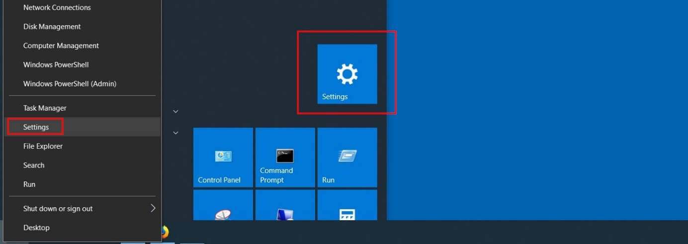 Windows 10: “Settings” tile and menu option