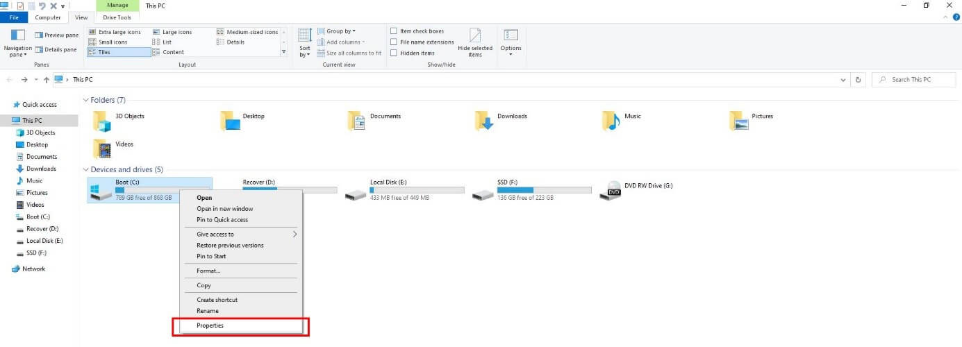 Windows file explorer: “This PC” overview