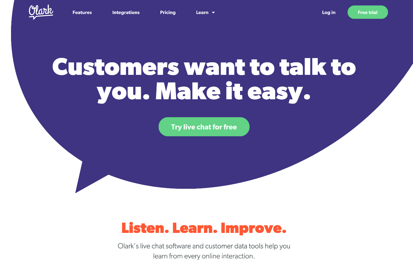 Homepage of Olark, which offers its own chat software