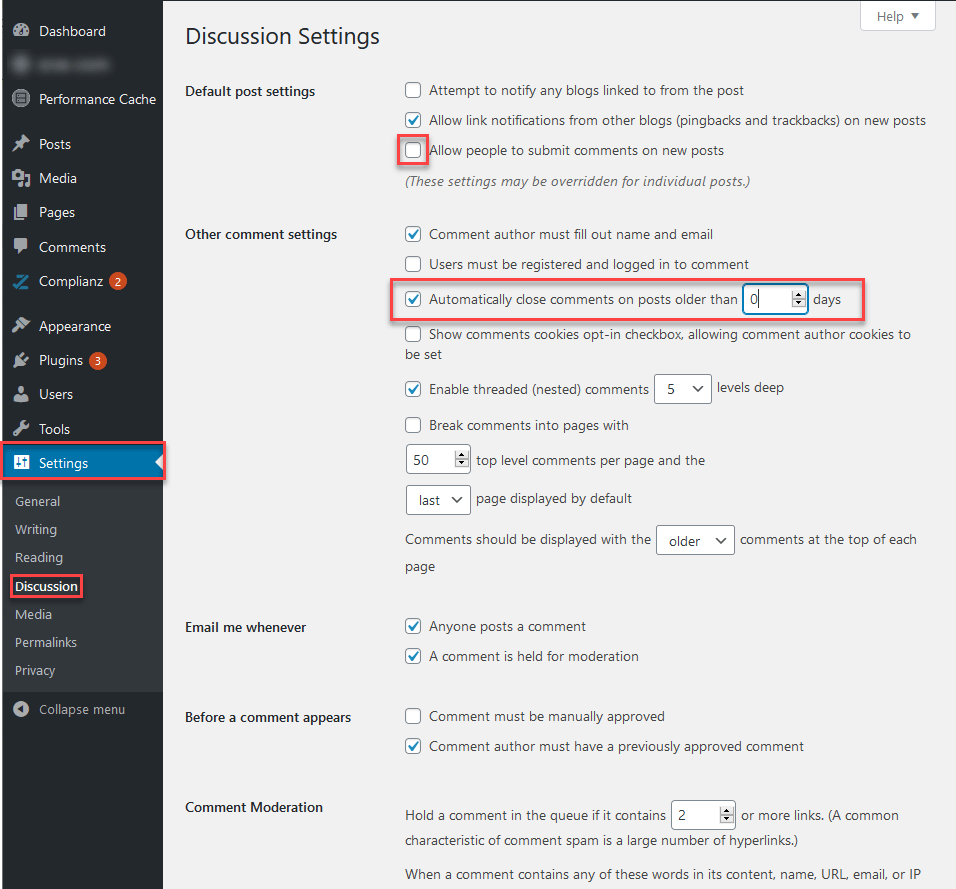 “Discussion Settings” page in the WordPress backend with options for disabling comments for the entire website