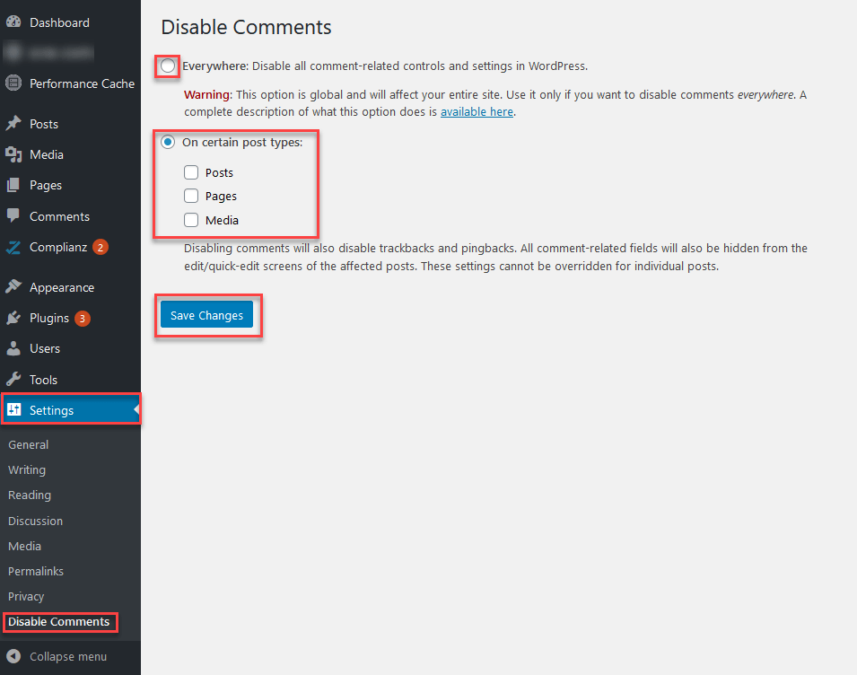 Backend of the “Disable Comments” plugin with settings for turning off comments