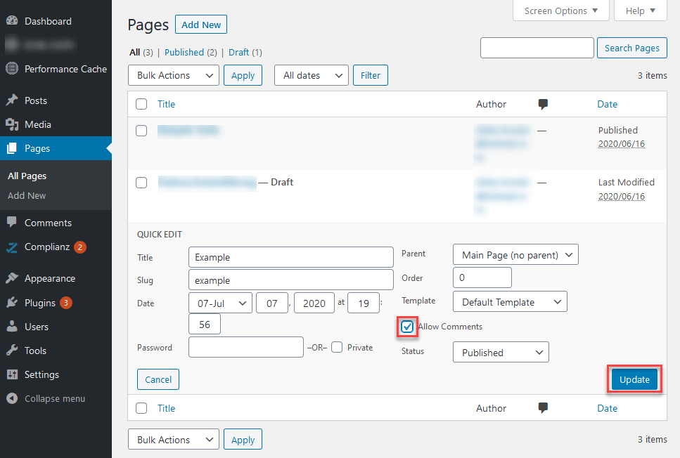 “Quick Edit” settings for a page, with “Allow Comments” option checked