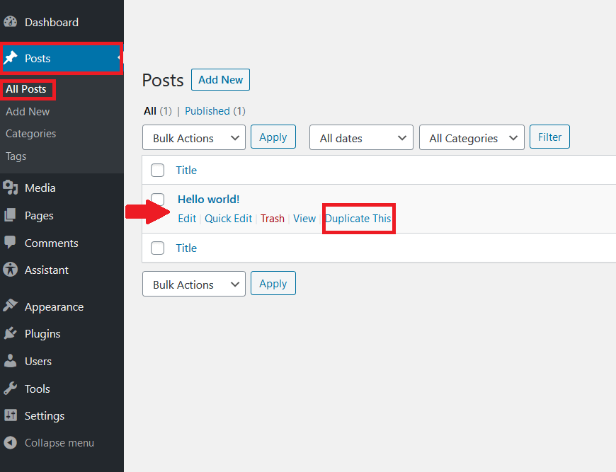 WordPress backend: “Pages” > “All Pages”, with option for duplicating the selected page