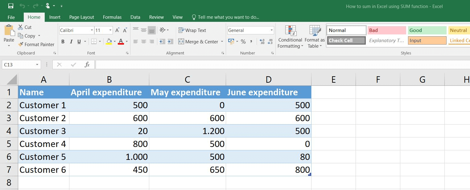 Excel 2016: Table with a sample data set