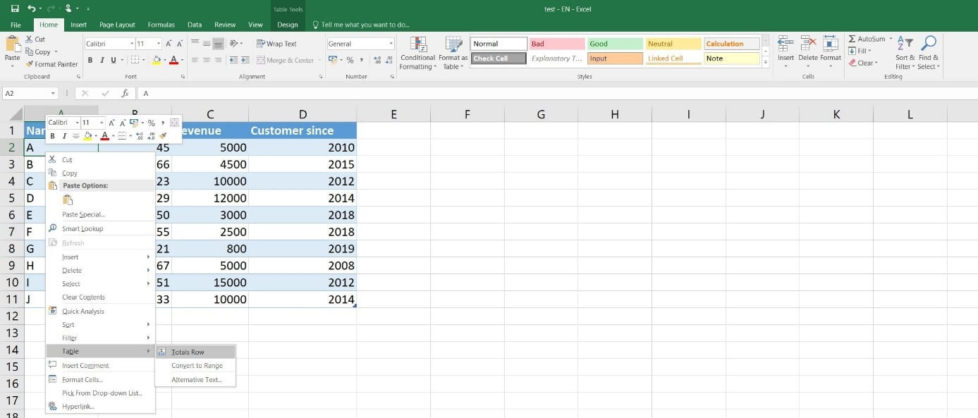 Excel 2016: Adding a totals row to tables