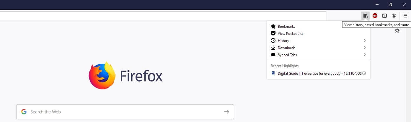 Firefox desktop menu “View history, saved bookmarks, and more”