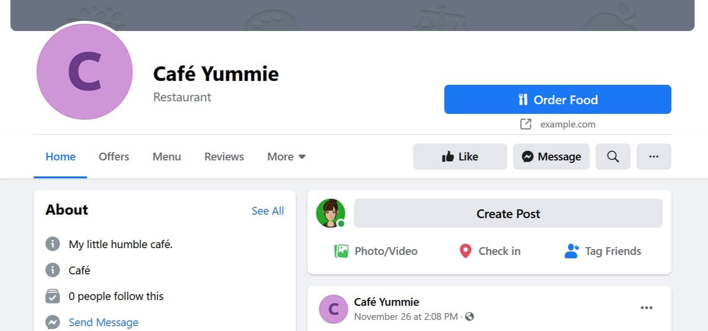 Facebook profile with order button