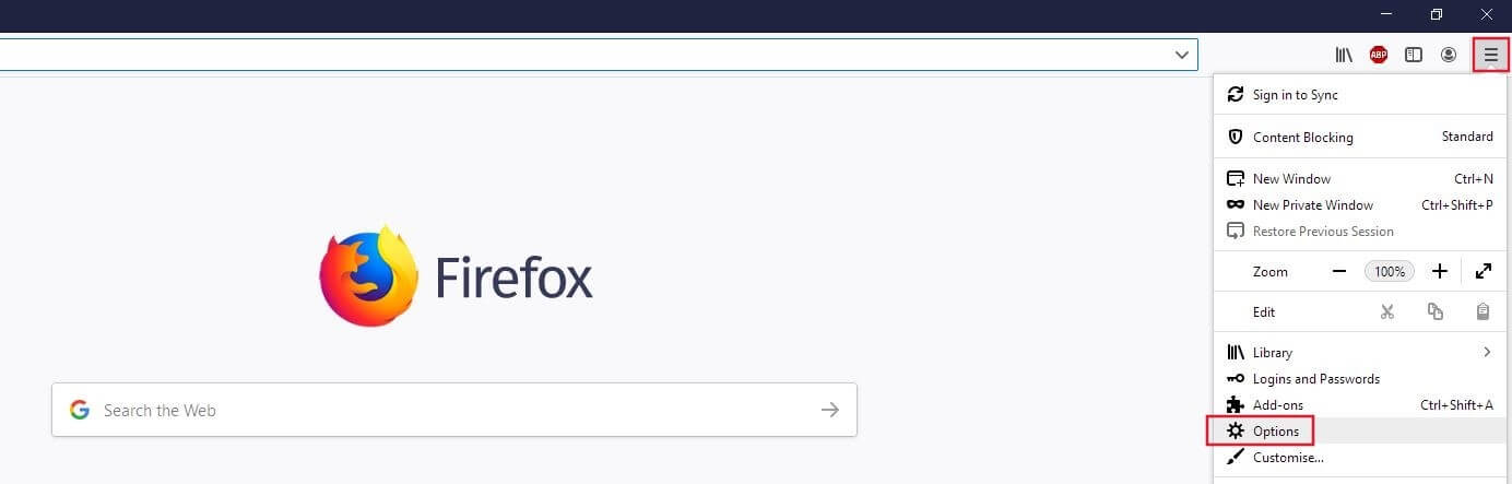 Standard menu in Firefox for desktop