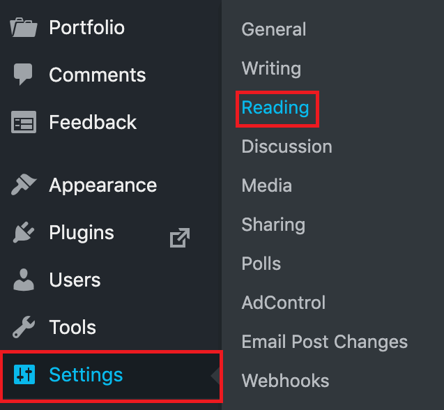 The settings menu in the WordPress admin area