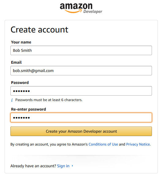 Amazon Developer: create account