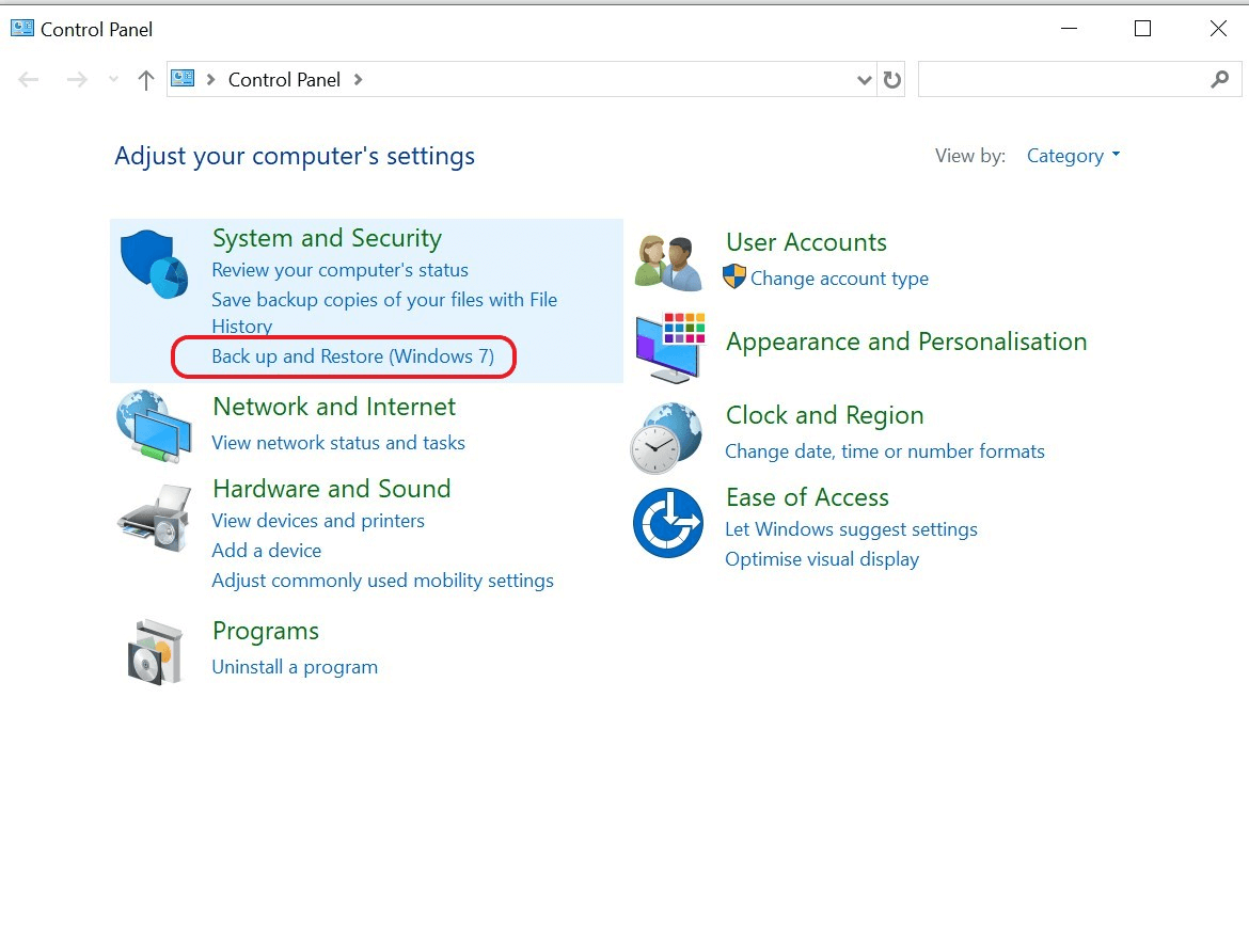 “Backup and Restore” in the Windows settings