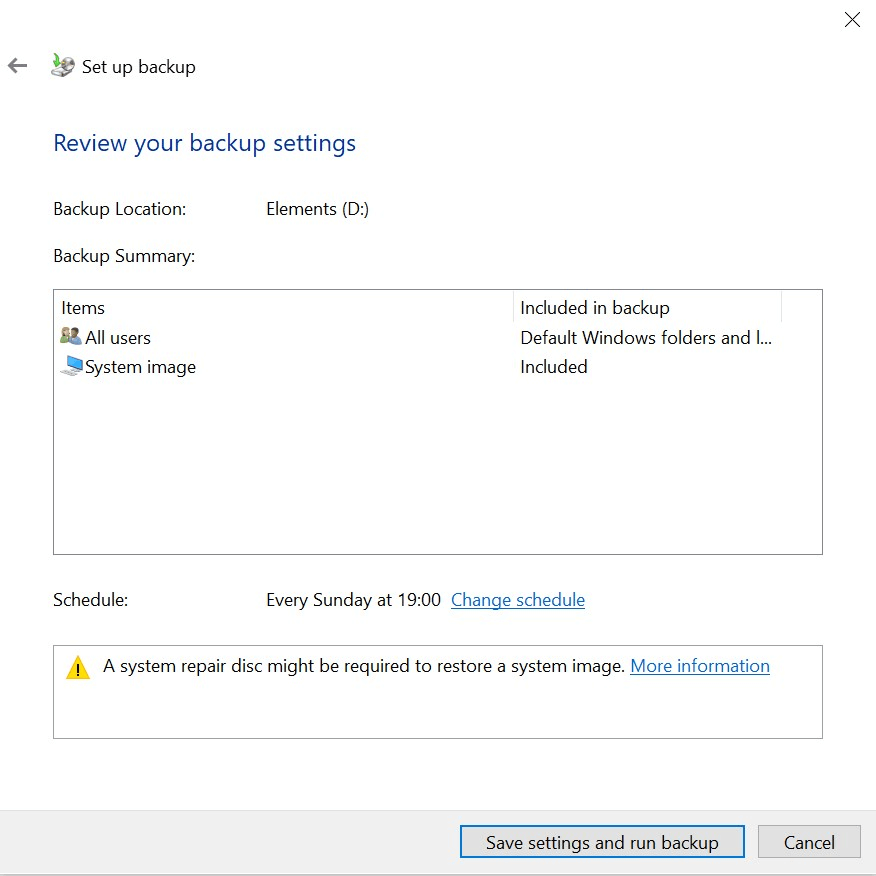 Backup settings for the Windows 10 backup