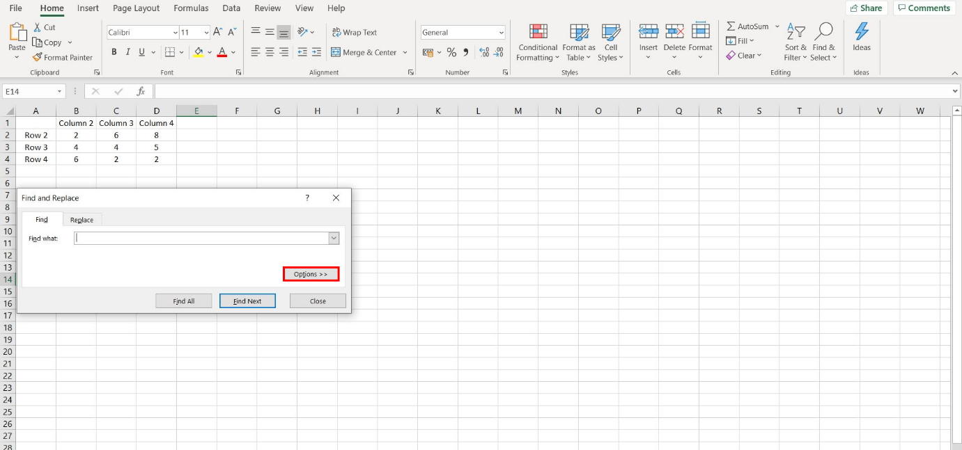 By clicking on Options, additional feature options for Find will launch in Excel