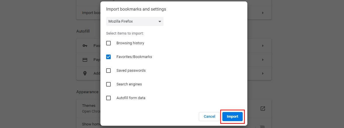 Chrome menu window “Import bookmarks and settings”