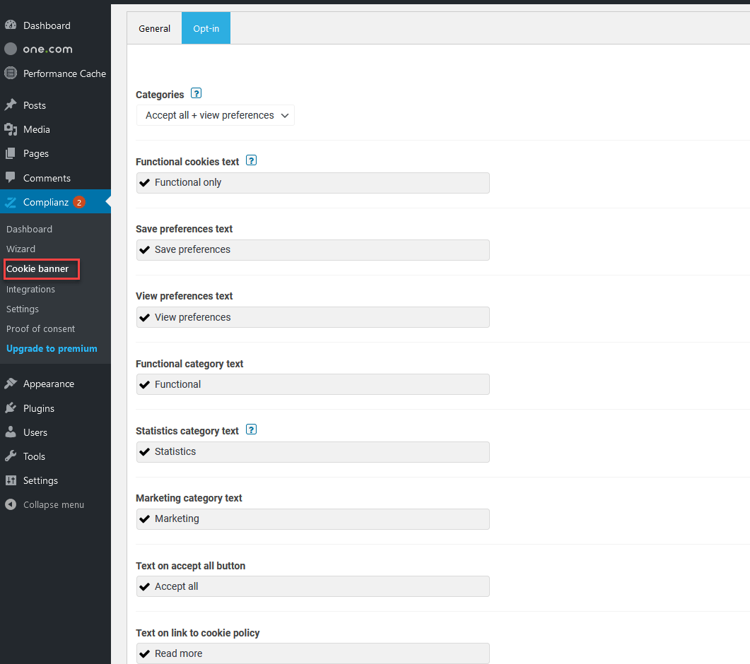Complianz: Settings options cookie banner
