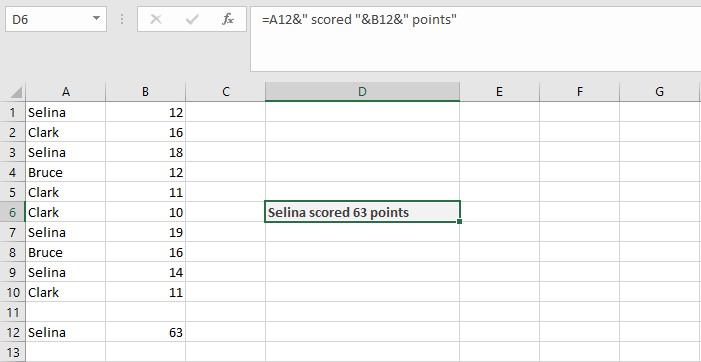 Concatenation of multiple cells and text in an Excel table