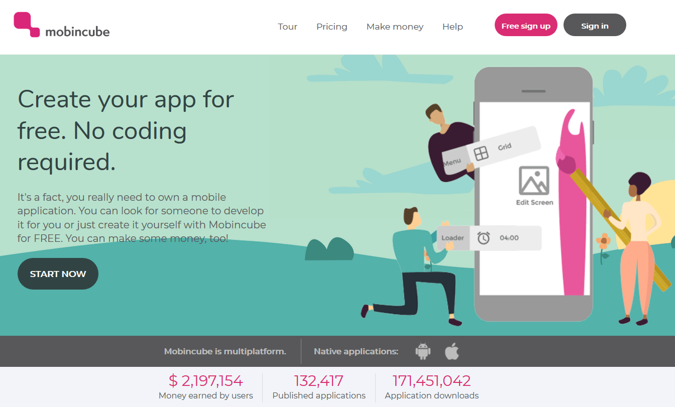 Homepage of app maker Mobincube