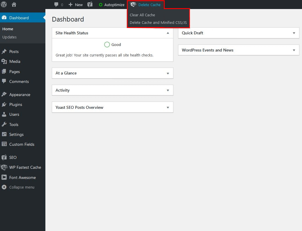 WP Fastest Cache: dashboard option for clearing the WordPress cache