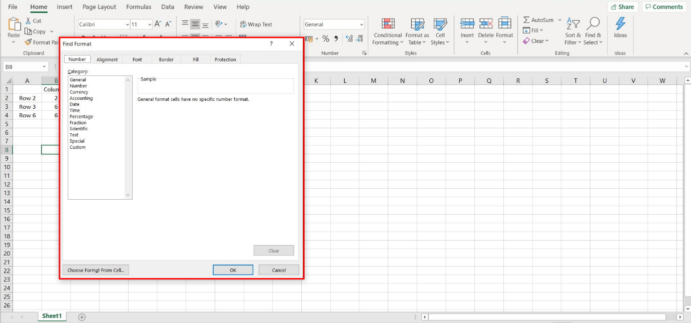 Dialog window to search for specified formatting in Excel