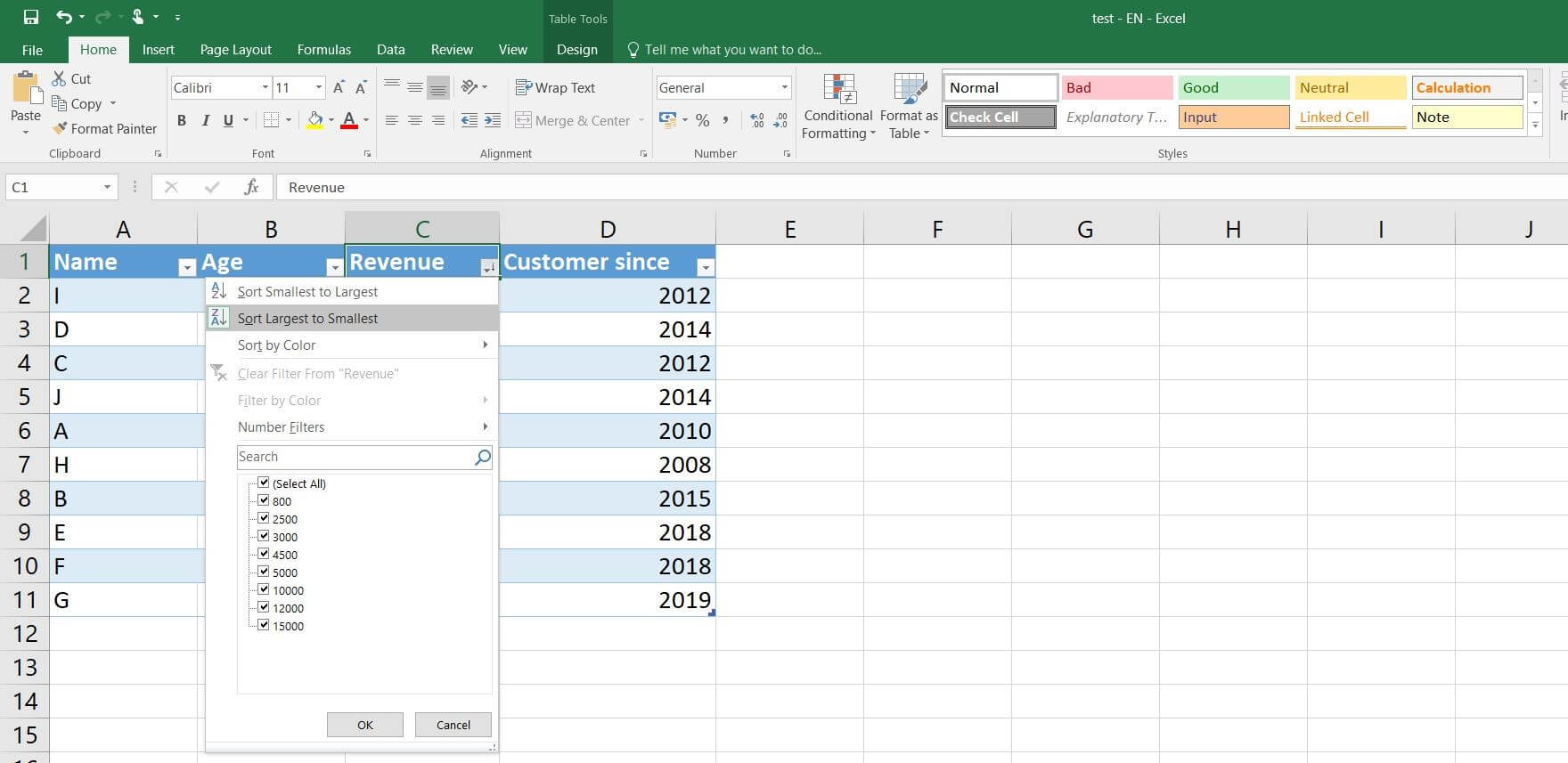 Drop-down windows for the sort and filter feature in Excel tables (Excel 2016)