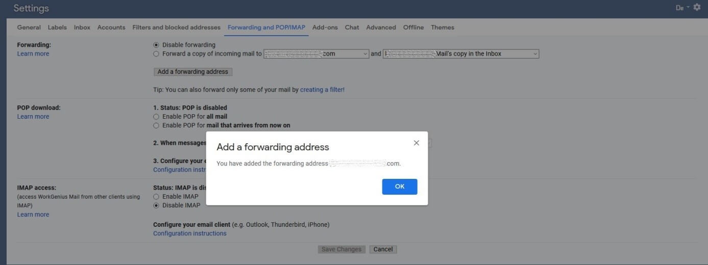 Confirmation message for Gmail forwarding