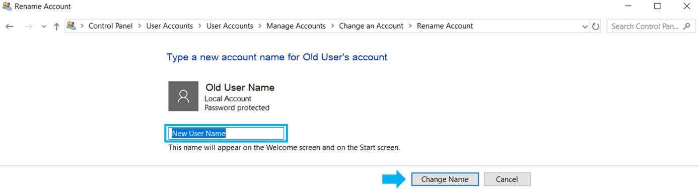 Dialog field to enter new account name.