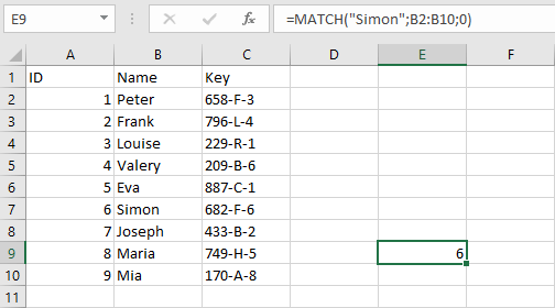 Example in Excel with the MATCH function