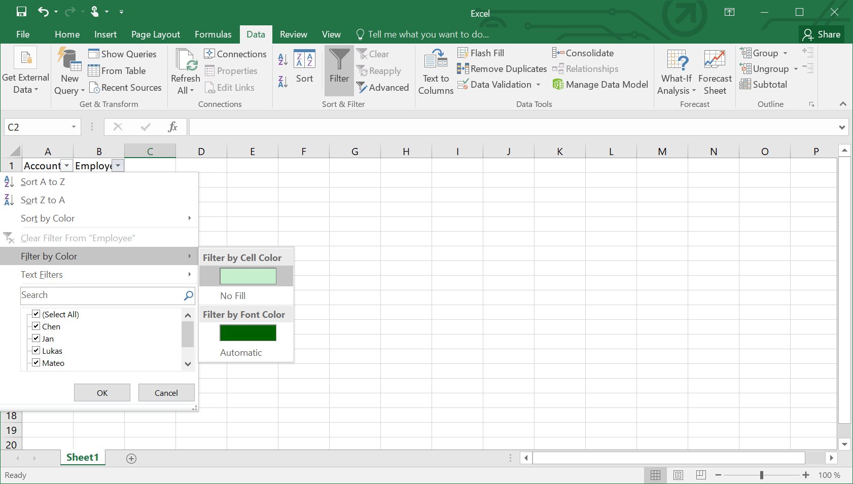 An example of how to filter by color so that Excel only displays duplicates