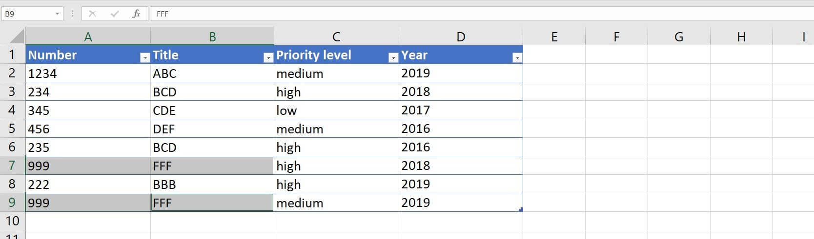 Excel 2016: Example entries with double values